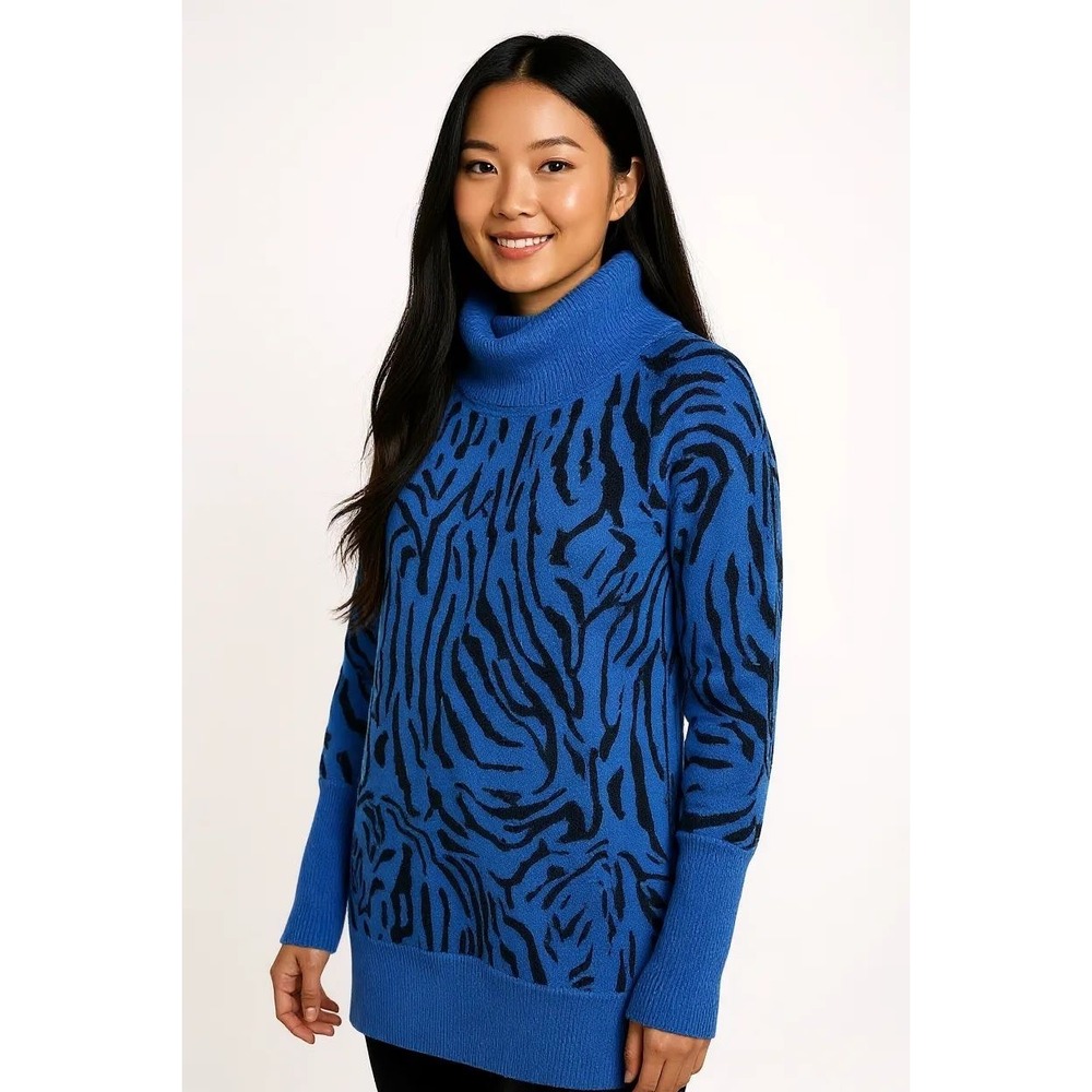 Red‎ Animal Print Knit Turtleneck Sweater Dress Blue Black Casual Cozy